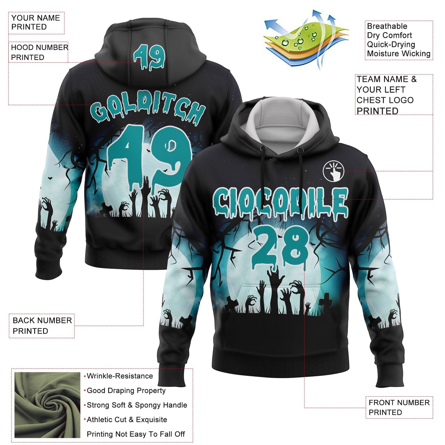 Custom Black Teal-White 3D Halloween Zombies Spooky Sports Pullover Sweatshirt Hoodie view 2