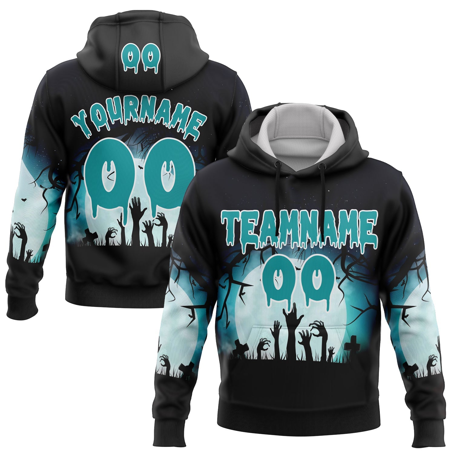 Custom Black Teal-White 3D Halloween Zombies Spooky Sports Pullover Sweatshirt Hoodie - Main View