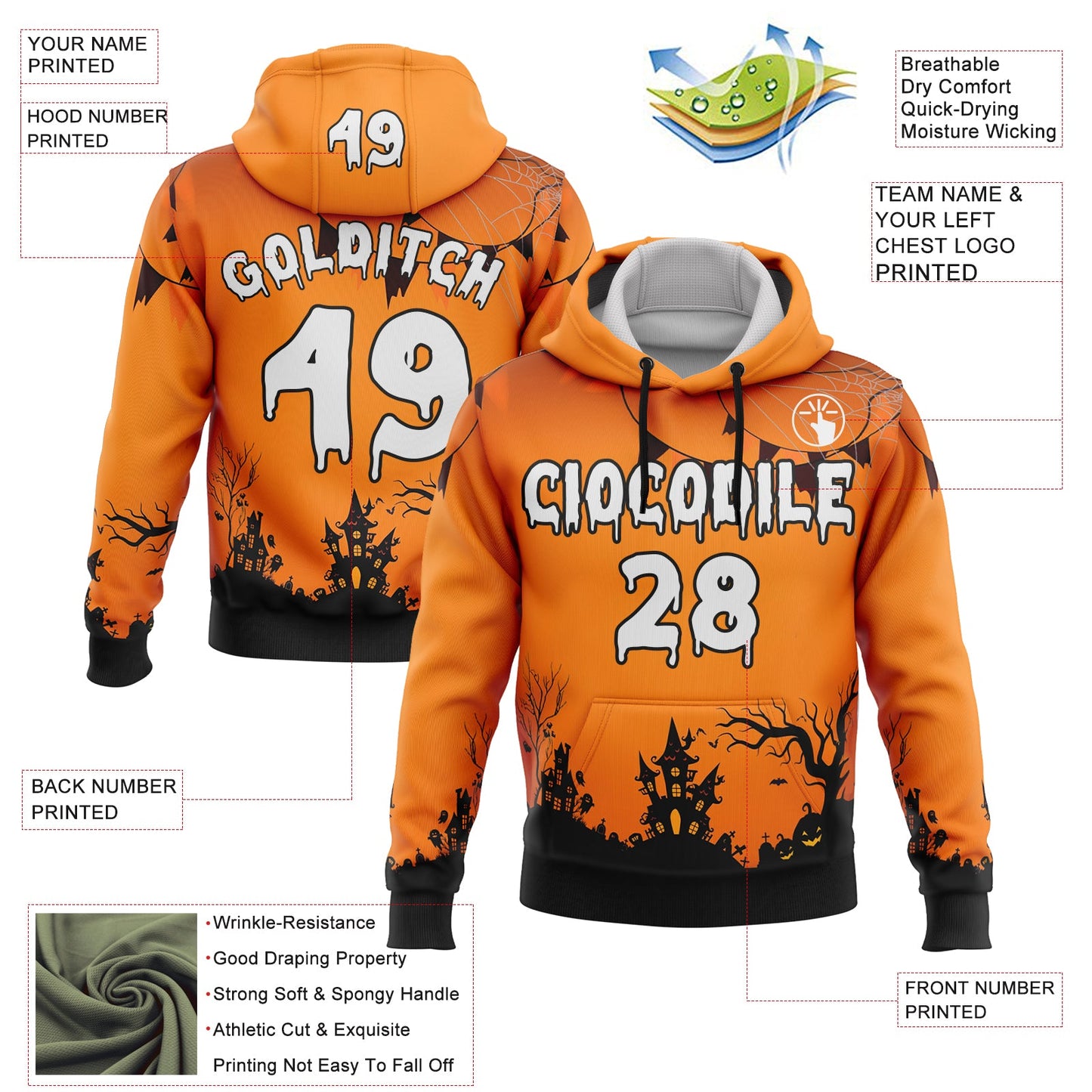 Custom Orange White-Black 3D Halloween Spider Net Spooky Sports Pullover Sweatshirt Hoodie view 2