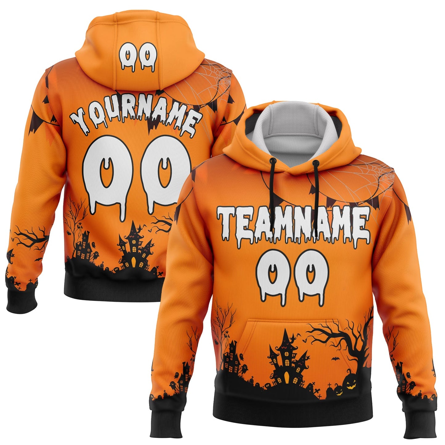 Custom Orange White-Black 3D Halloween Spider Net Spooky Sports Pullover Sweatshirt Hoodie - Main View