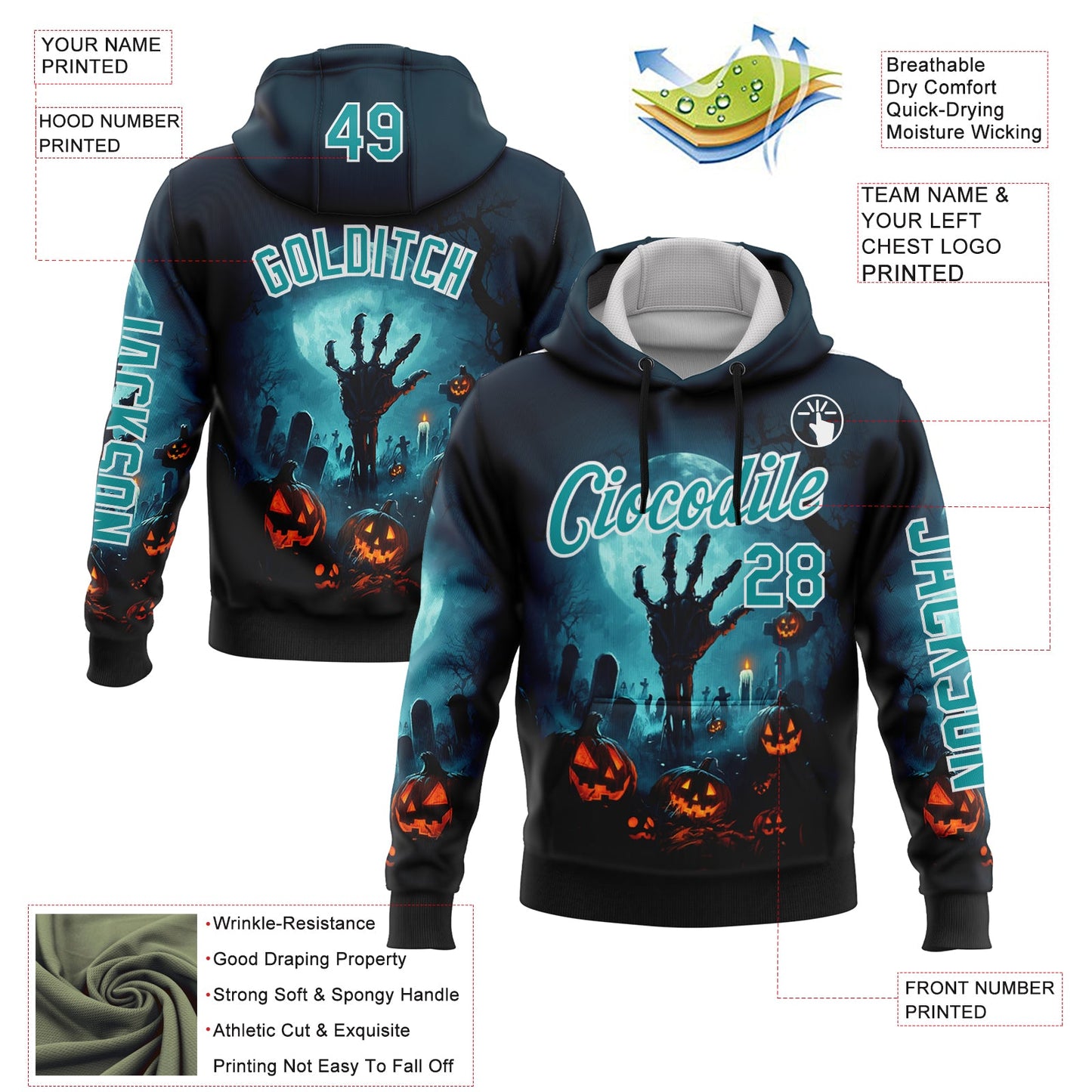 Custom Blue Teal-White 3D Halloween Zombies Spooky Sports Pullover Sweatshirt Hoodie view 2