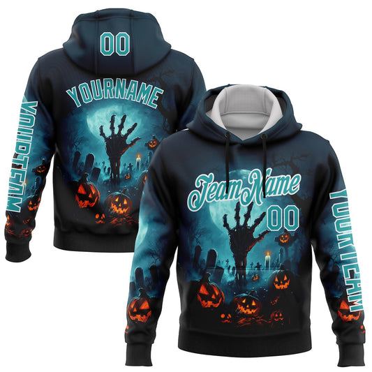 Custom Blue Teal-White 3D Halloween Zombies Spooky Sports Pullover Sweatshirt Hoodie - Main View