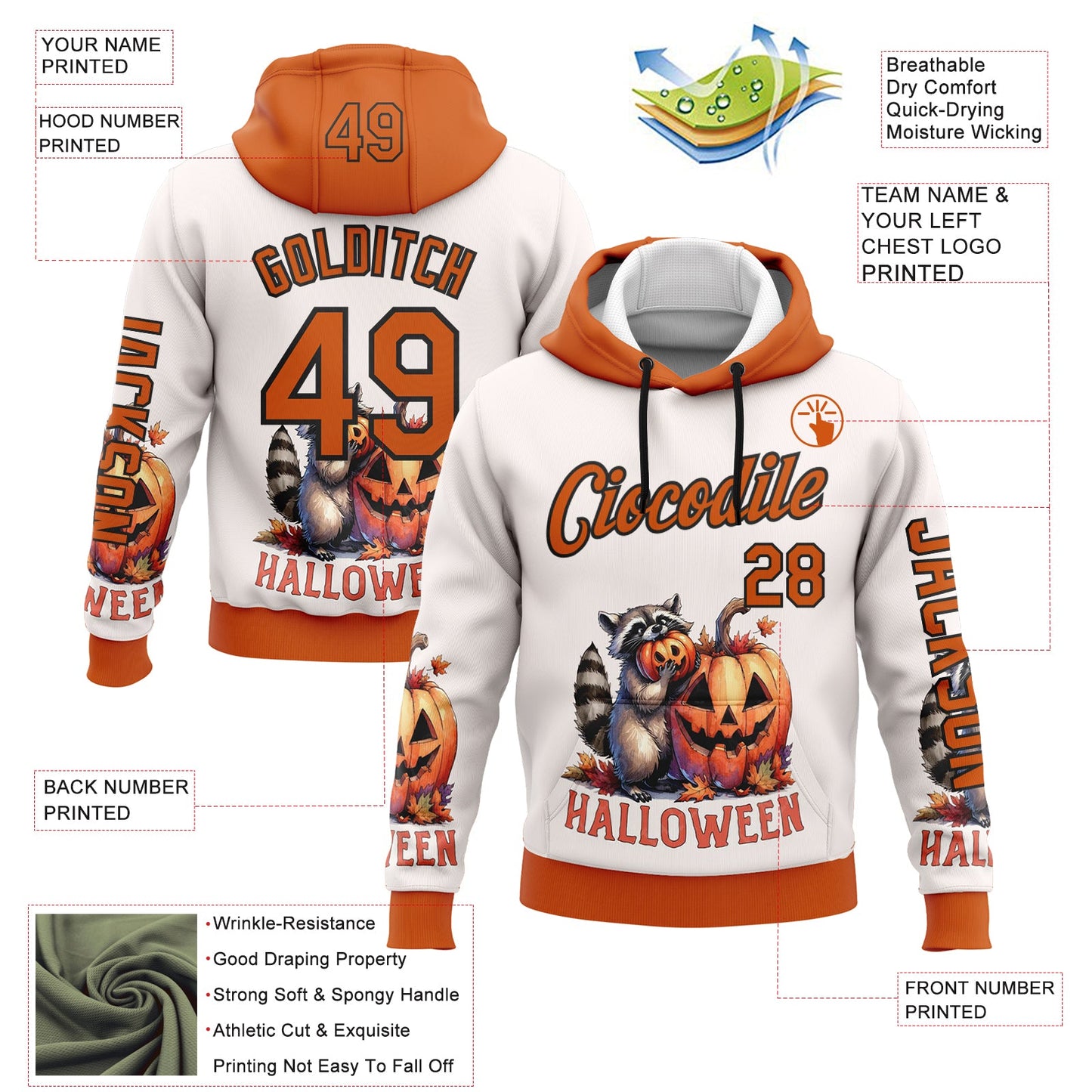 Custom White Orange-Black 3D Halloween Pumpkin Spooky Sports Pullover Sweatshirt Hoodie view 2