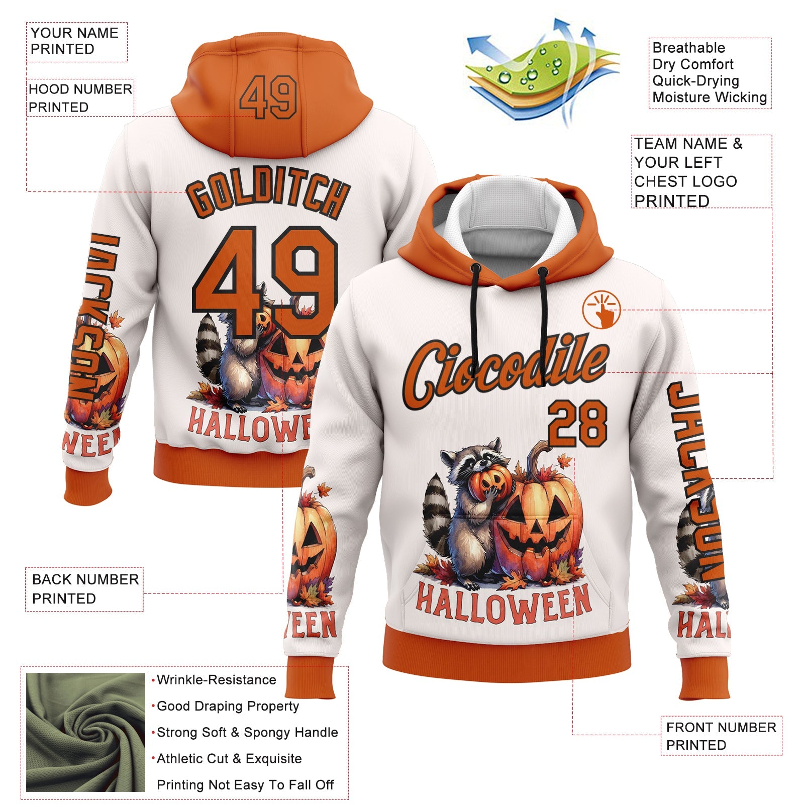 Custom White Orange-Black 3D Halloween Pumpkin Spooky Sports Pullover Sweatshirt Hoodie view 2
