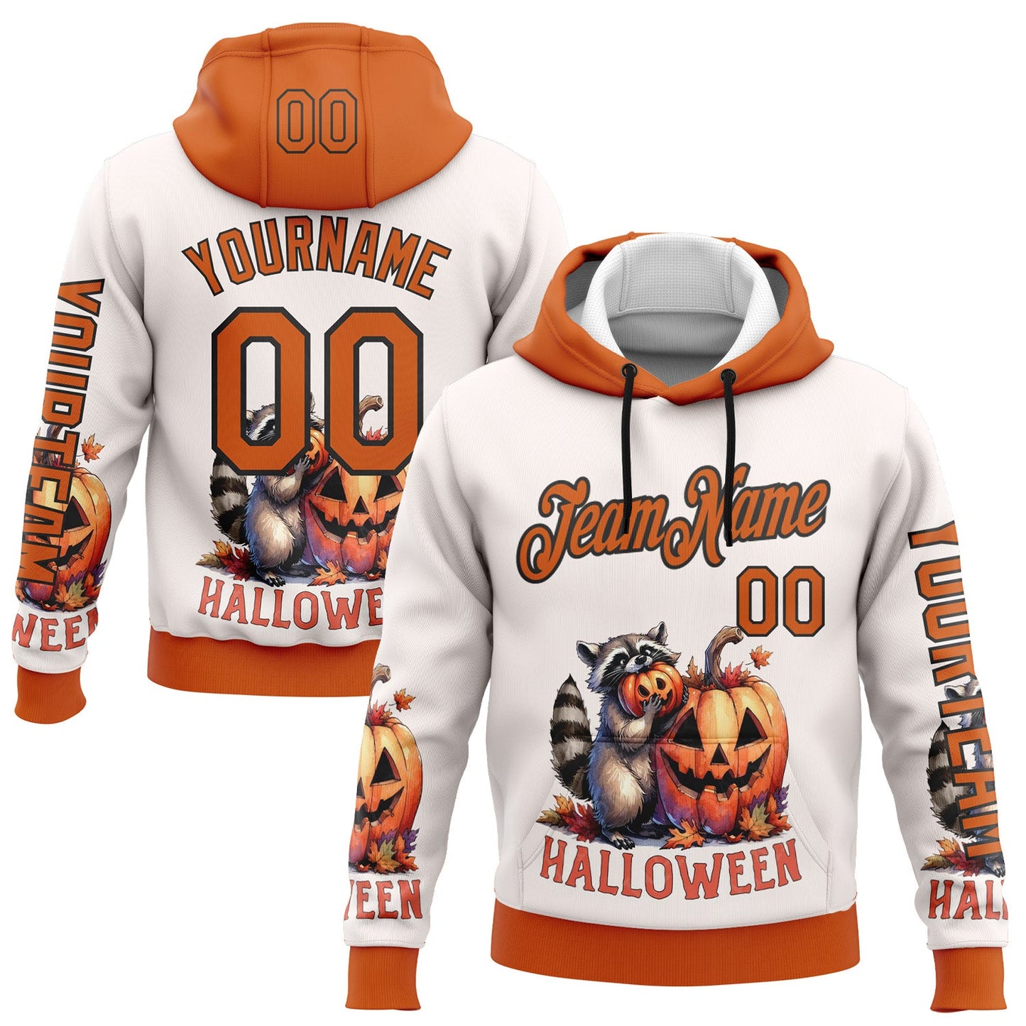 Custom White Orange-Black 3D Halloween Pumpkin Spooky Sports Pullover Sweatshirt Hoodie - Main View