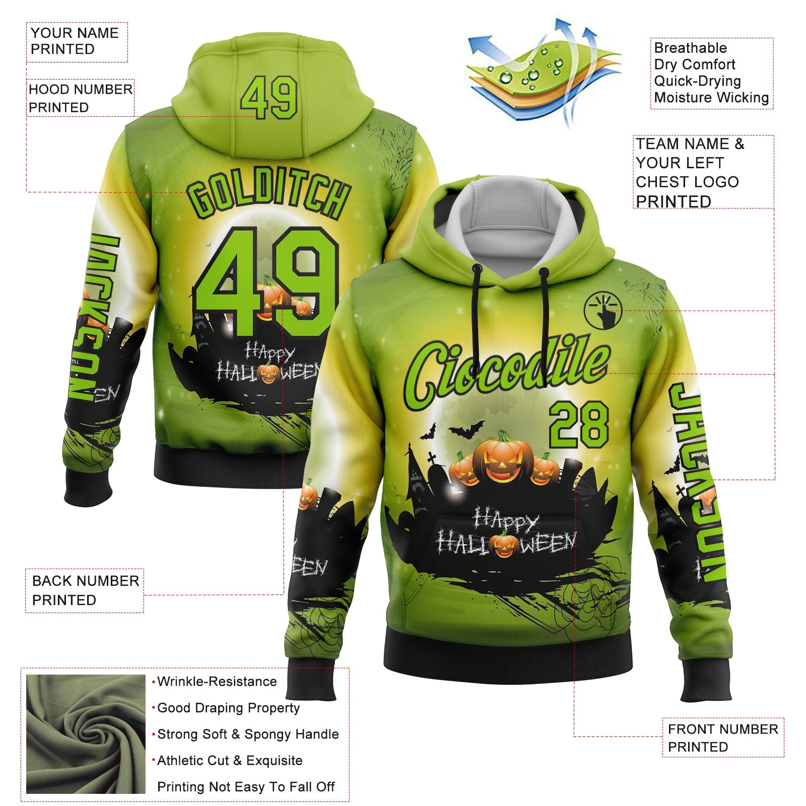 Custom Green Neon Green-Black 3D Halloween Pumpkin Spooky Sports Pullover Sweatshirt Hoodie view 2