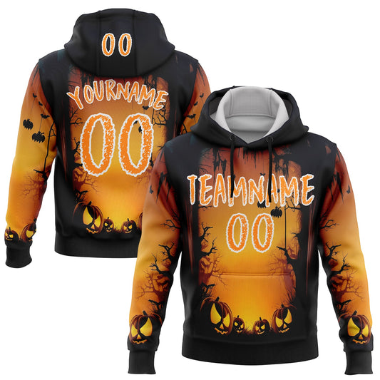 Custom Black Bay Orange Yellow-White 3D Halloween Pumpkin Spooky Sports Pullover Sweatshirt Hoodie - Main View