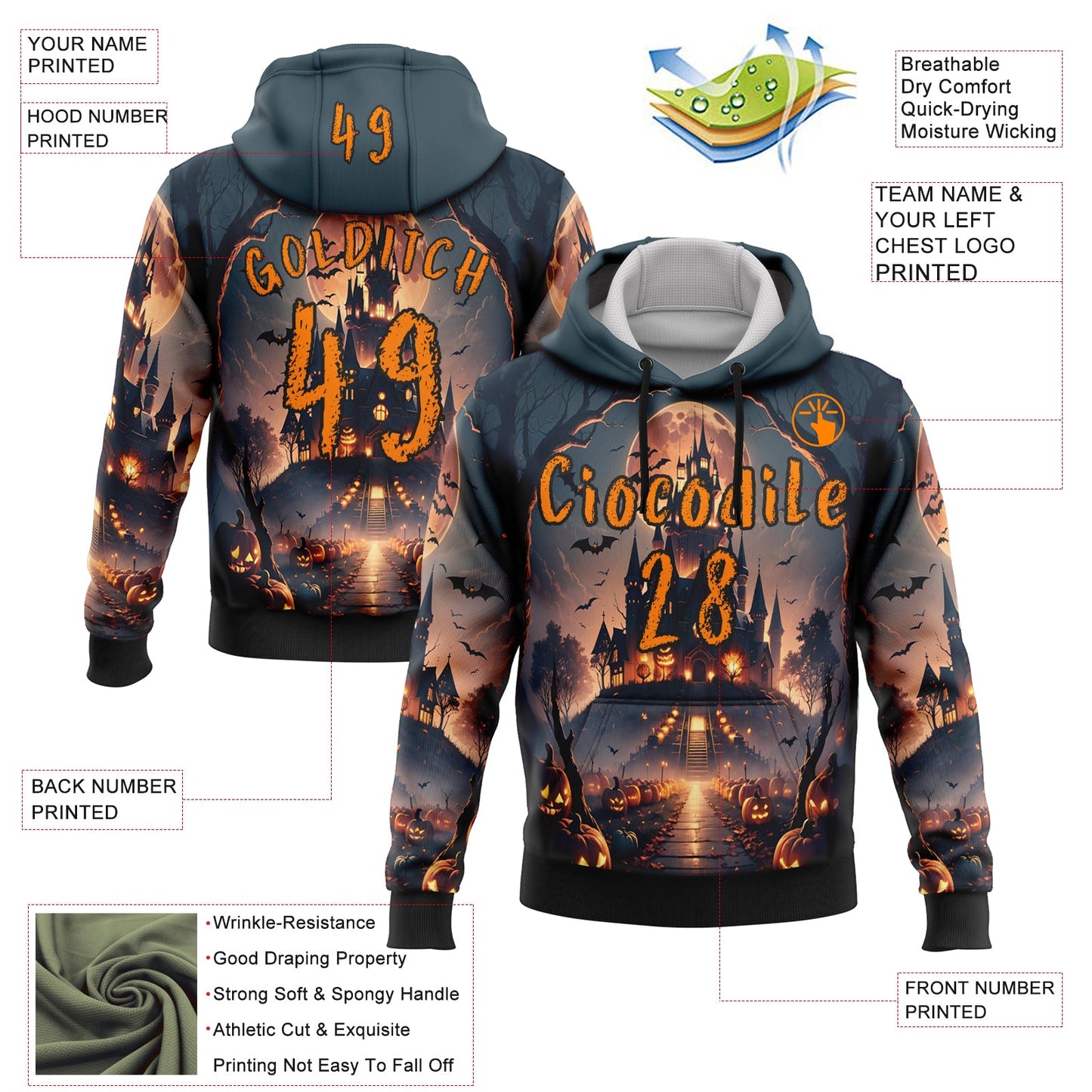 Custom Blue Bay Orange-Black 3D Halloween Pumpkin Spooky Sports Pullover Sweatshirt Hoodie view 2