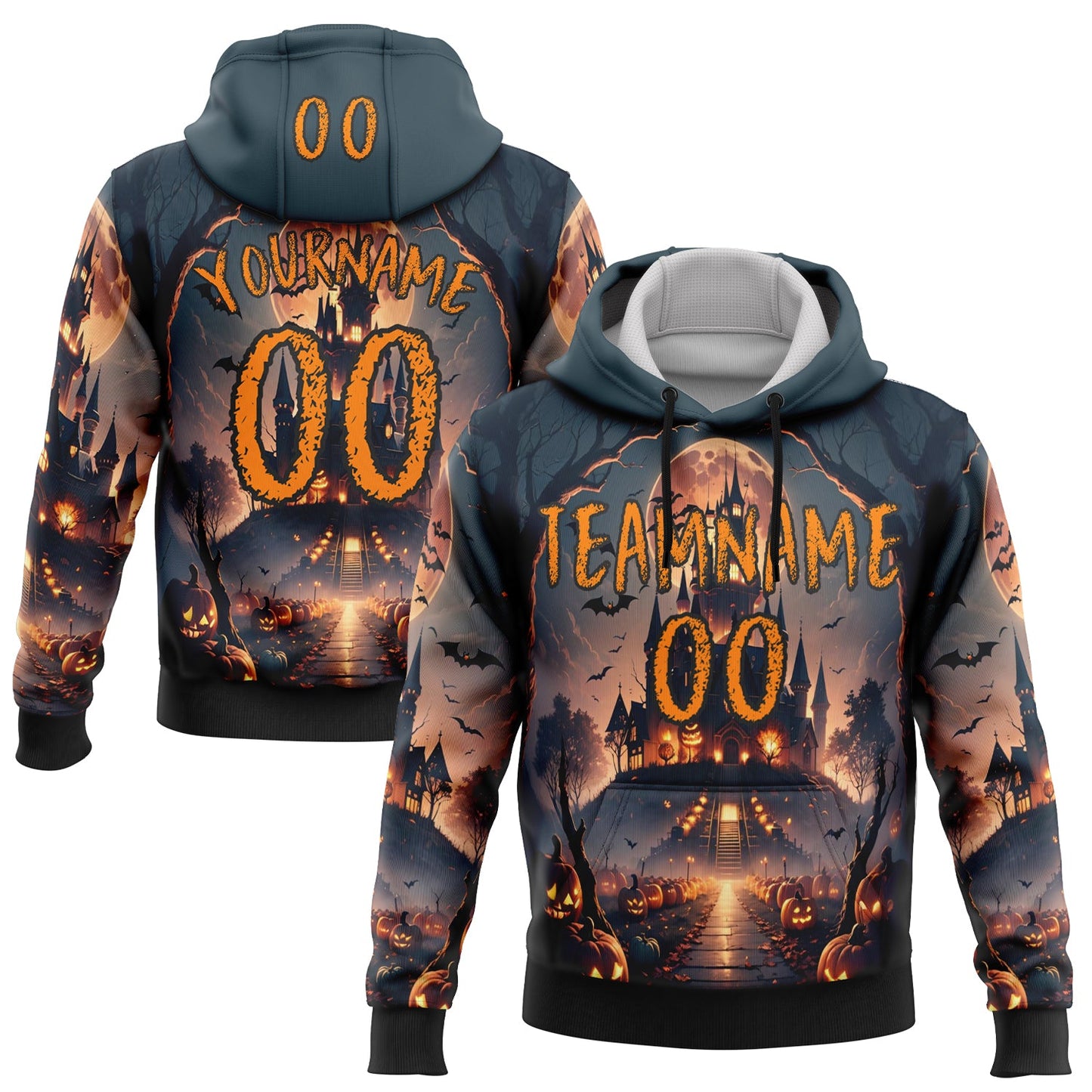 Custom Blue Bay Orange-Black 3D Halloween Pumpkin Spooky Sports Pullover Sweatshirt Hoodie - Main View