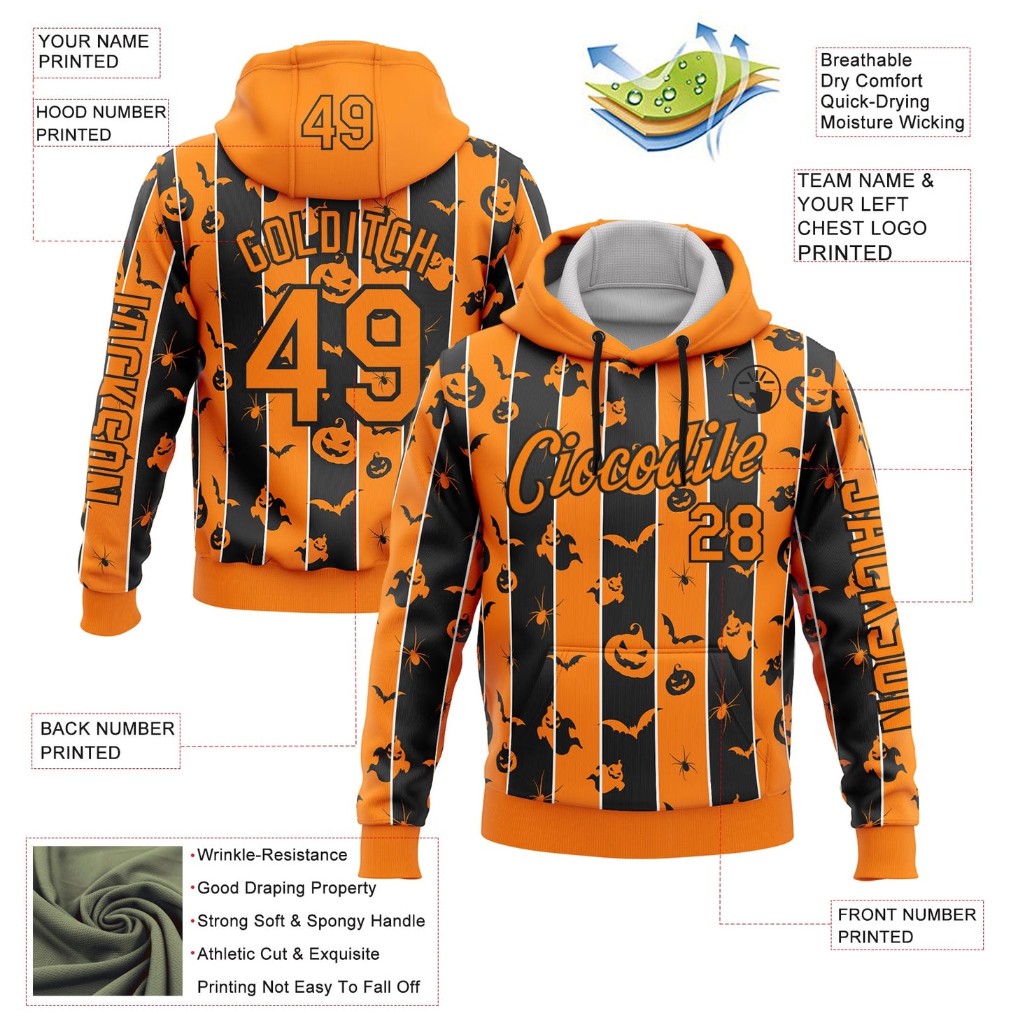 Custom Bay Orange Black 3D Halloween Pumpkin Spooky Stripe Sports Pullover Sweatshirt Hoodie view 2