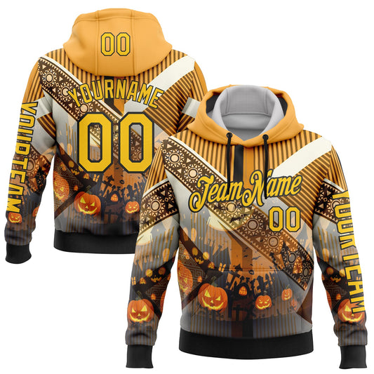 Custom Yellow Black 3D Halloween Pumpkin Spooky Stripe Sports Pullover Sweatshirt Hoodie - Main View