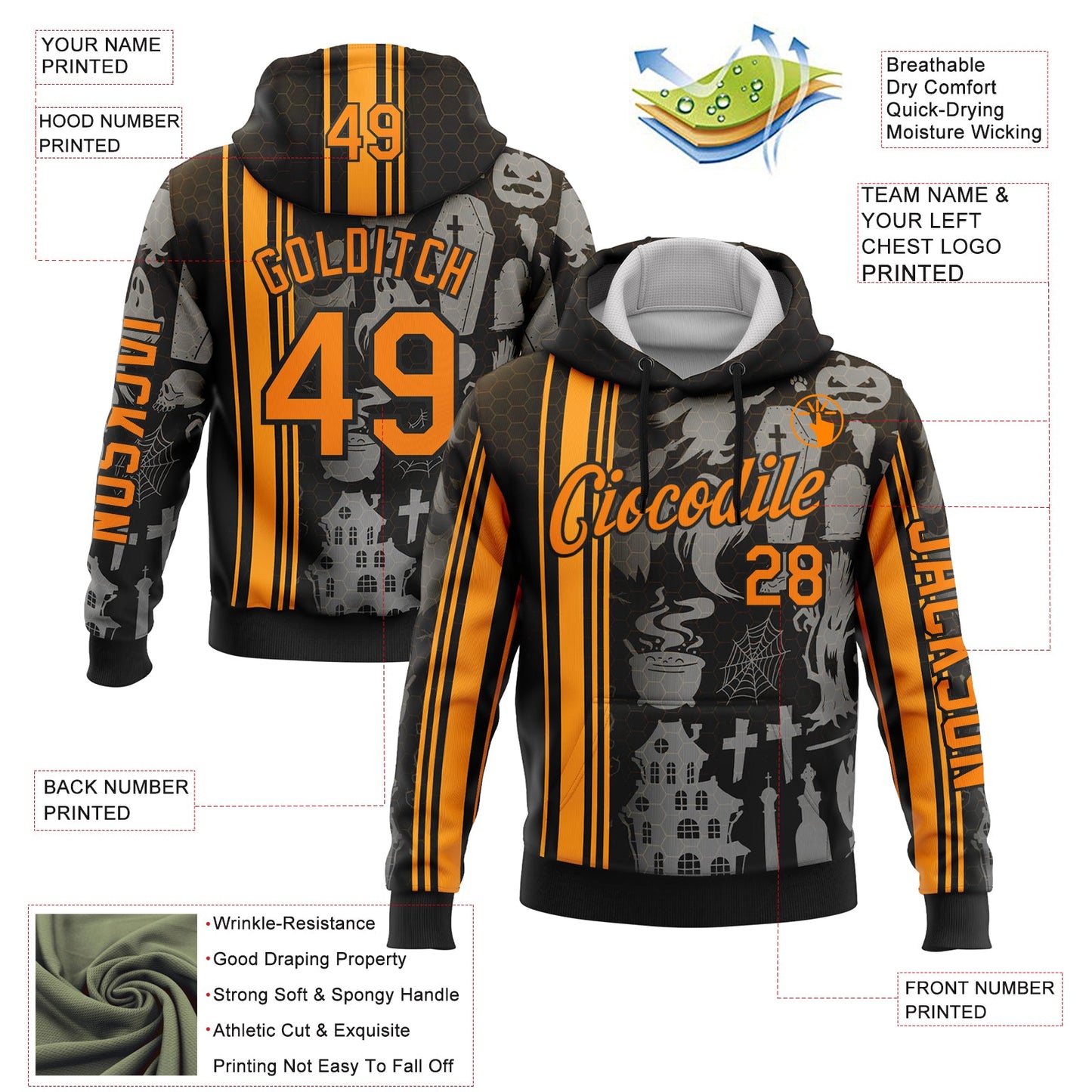 Custom Black Bay Orange-Orange 3D Halloween Pumpkin Spooky Stripe Sports Pullover Sweatshirt Hoodie view 2