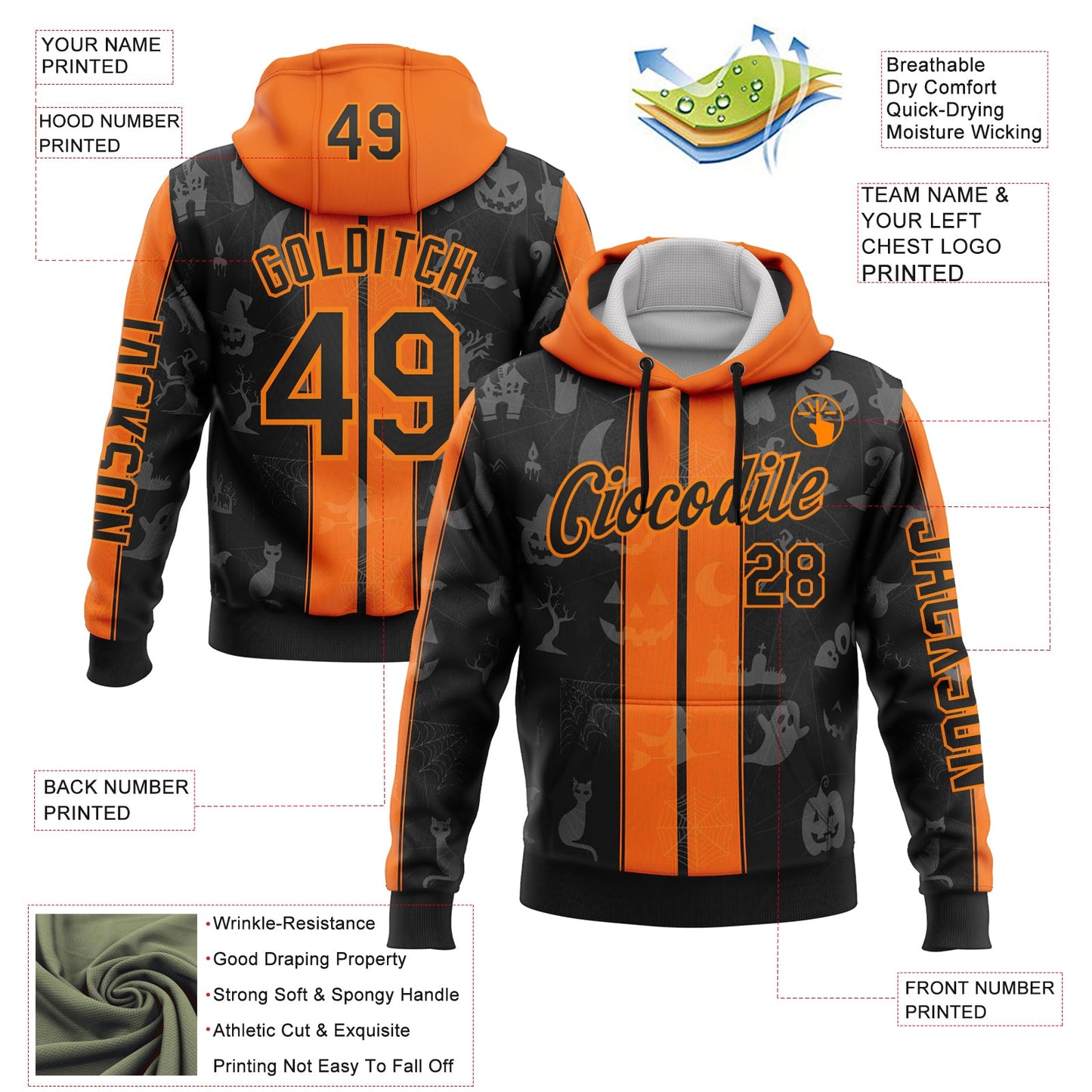 Custom Black Orange-Bay Orange 3D Halloween Pumpkin Spooky Stripe Sports Pullover Sweatshirt Hoodie view 2