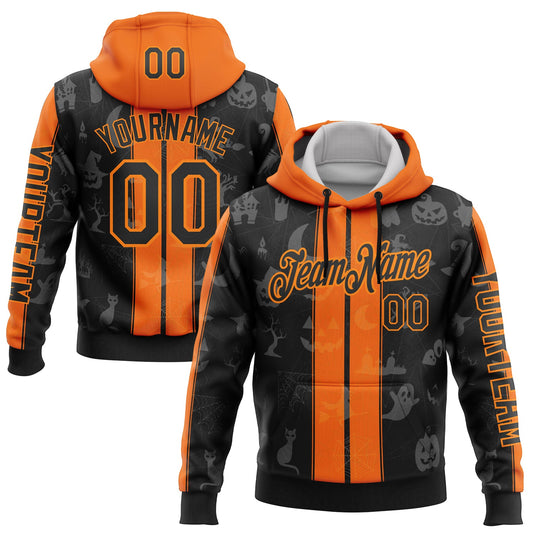Custom Black Orange-Bay Orange 3D Halloween Pumpkin Spooky Stripe Sports Pullover Sweatshirt Hoodie - Main View