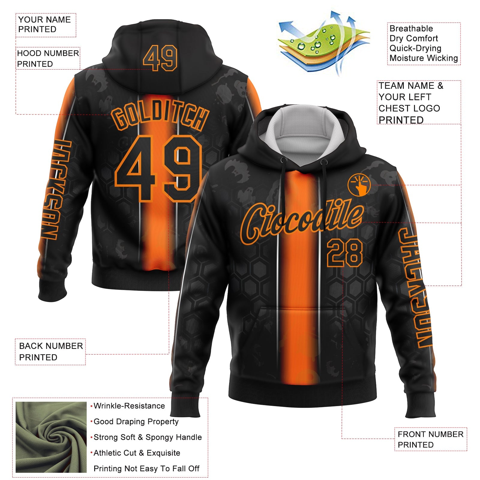 Custom Black Orange-Bay Orange 3D Halloween Pumpkin Spooky Sportswear Pullover Sweatshirt Hoodie view 2