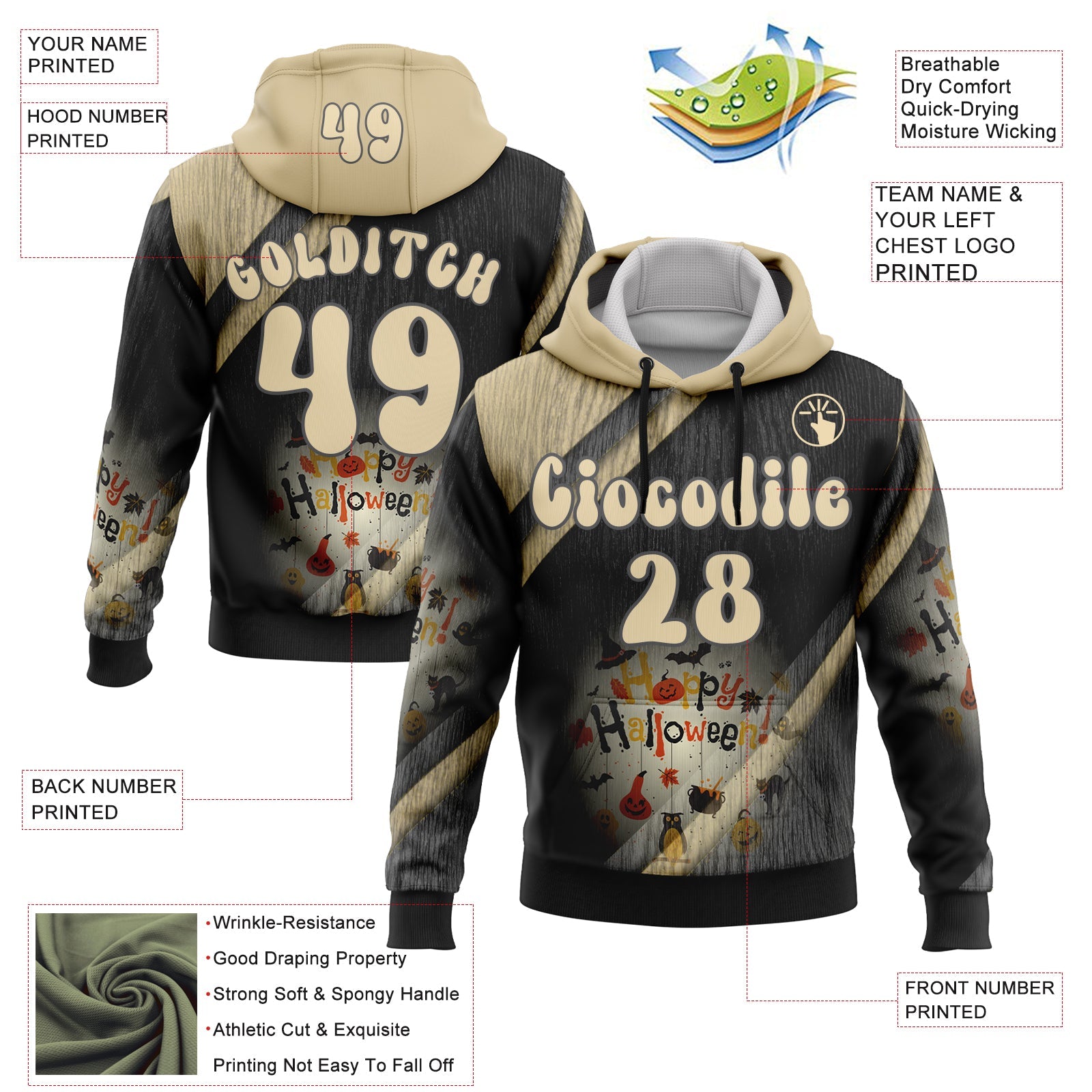 Custom Black Cream-Steel Gray 3D Halloween Spooky Stripe Sports Pullover Sweatshirt Hoodie view 2