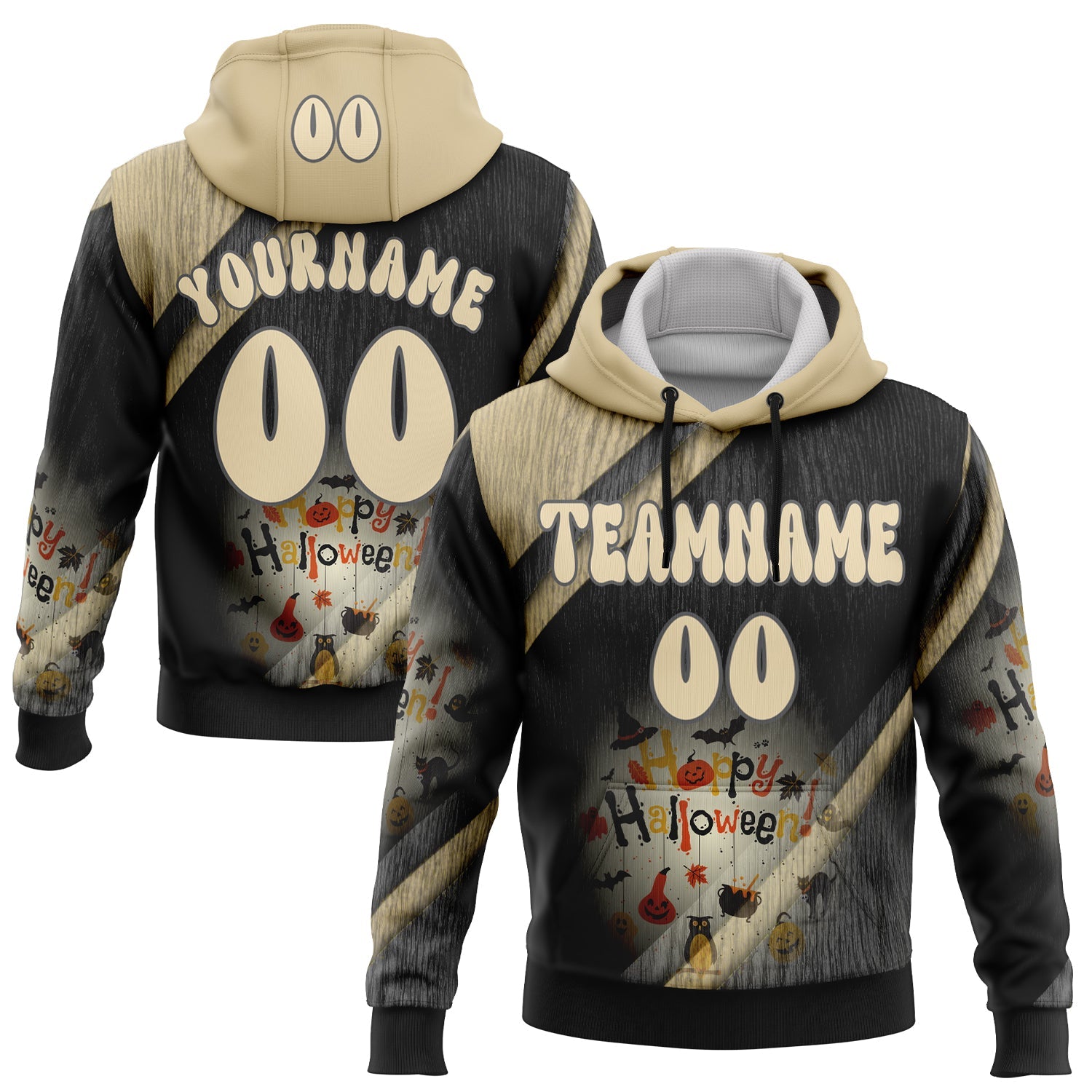Custom Black Cream-Steel Gray 3D Halloween Spooky Stripe Sports Pullover Sweatshirt Hoodie - Main View
