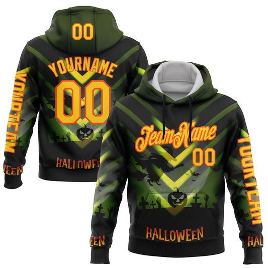 Custom Green Yellow-Orange 3D Halloween Spooky Sportswear Pullover Sweatshirt Hoodie - Main View