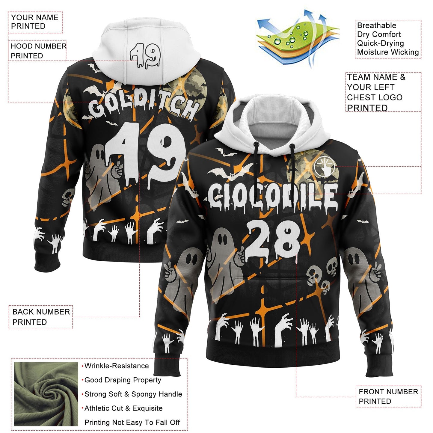 Custom Black White 3D Halloween Zombies Spooky Stripe Sports Pullover Sweatshirt Hoodie view 2