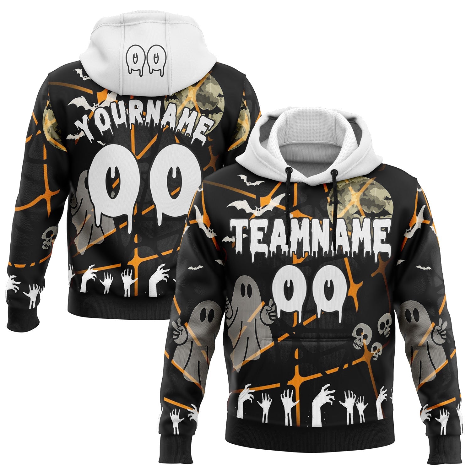 Custom Black White 3D Halloween Zombies Spooky Stripe Sports Pullover Sweatshirt Hoodie - Main View