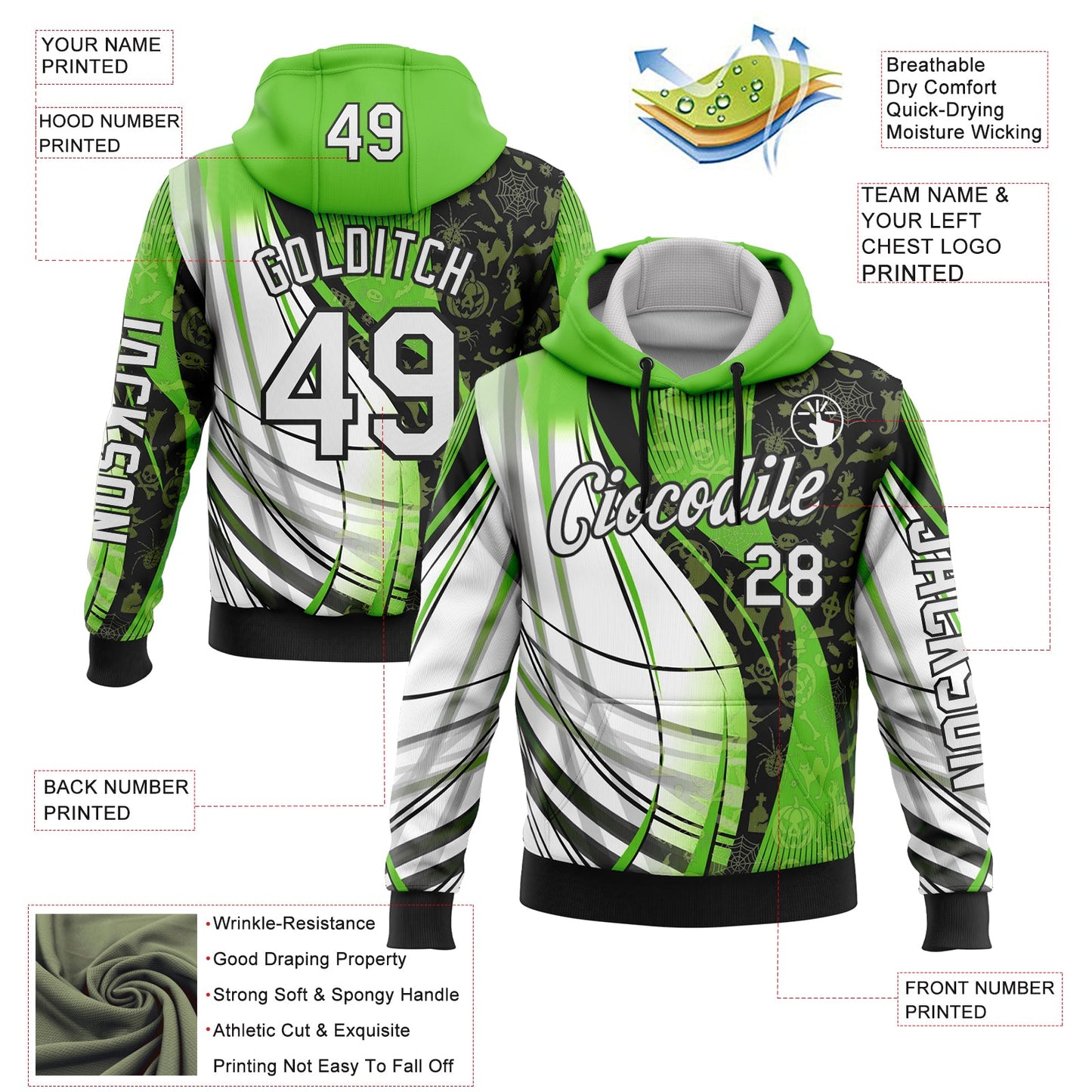 Custom Green White-Black 3D Halloween Spooky Sportswear Pullover Sweatshirt Hoodie view 2