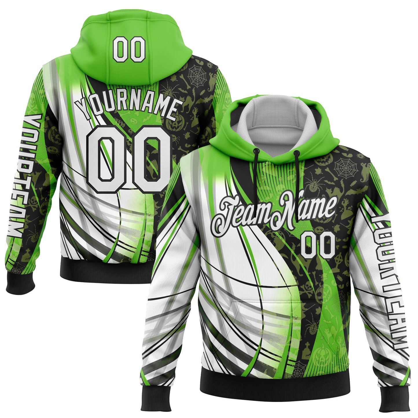 Custom Green White-Black 3D Halloween Spooky Sportswear Pullover Sweatshirt Hoodie - Main View