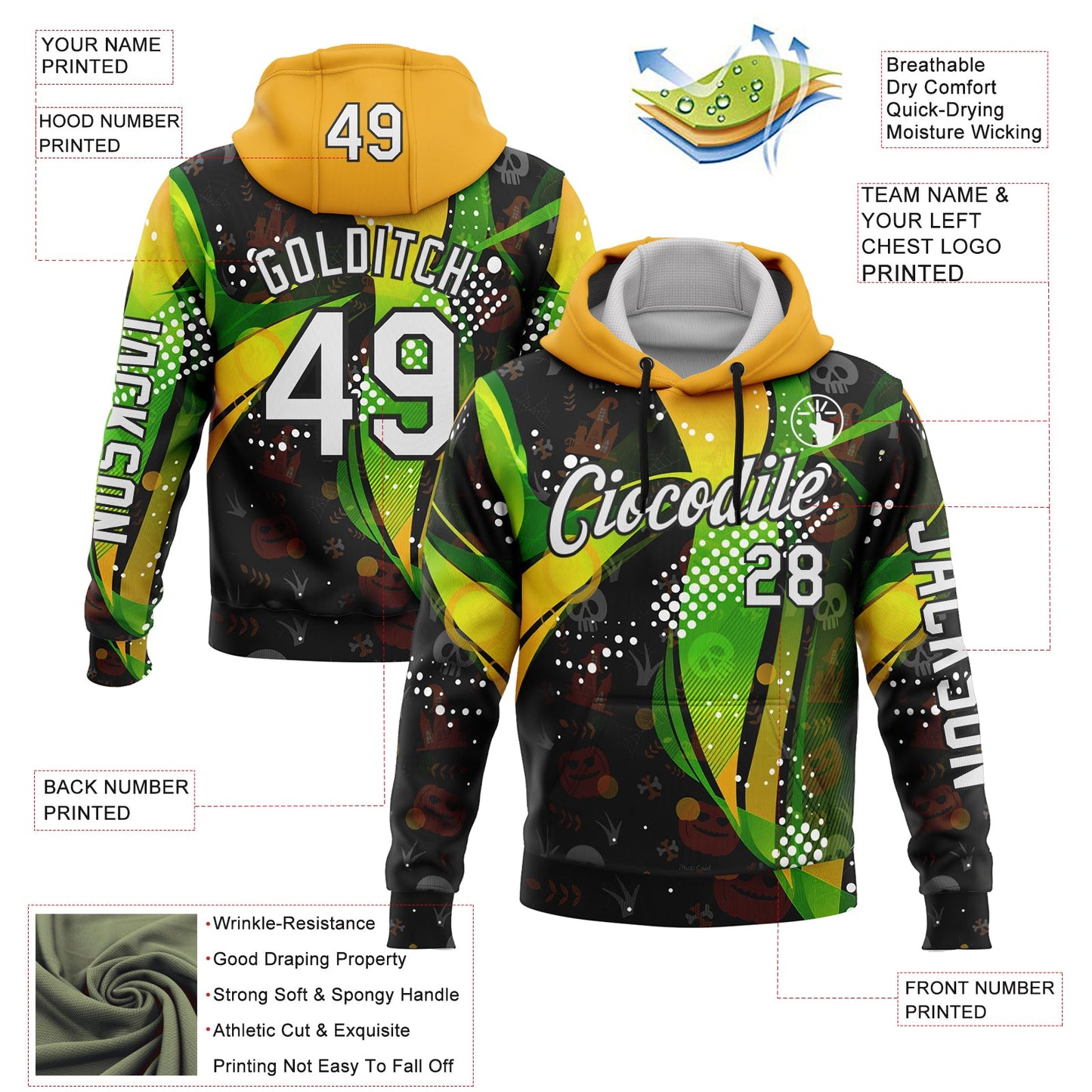 Custom Black White Green-Yellow 3D Halloween Spooky Sportswear Pullover Sweatshirt Hoodie view 2