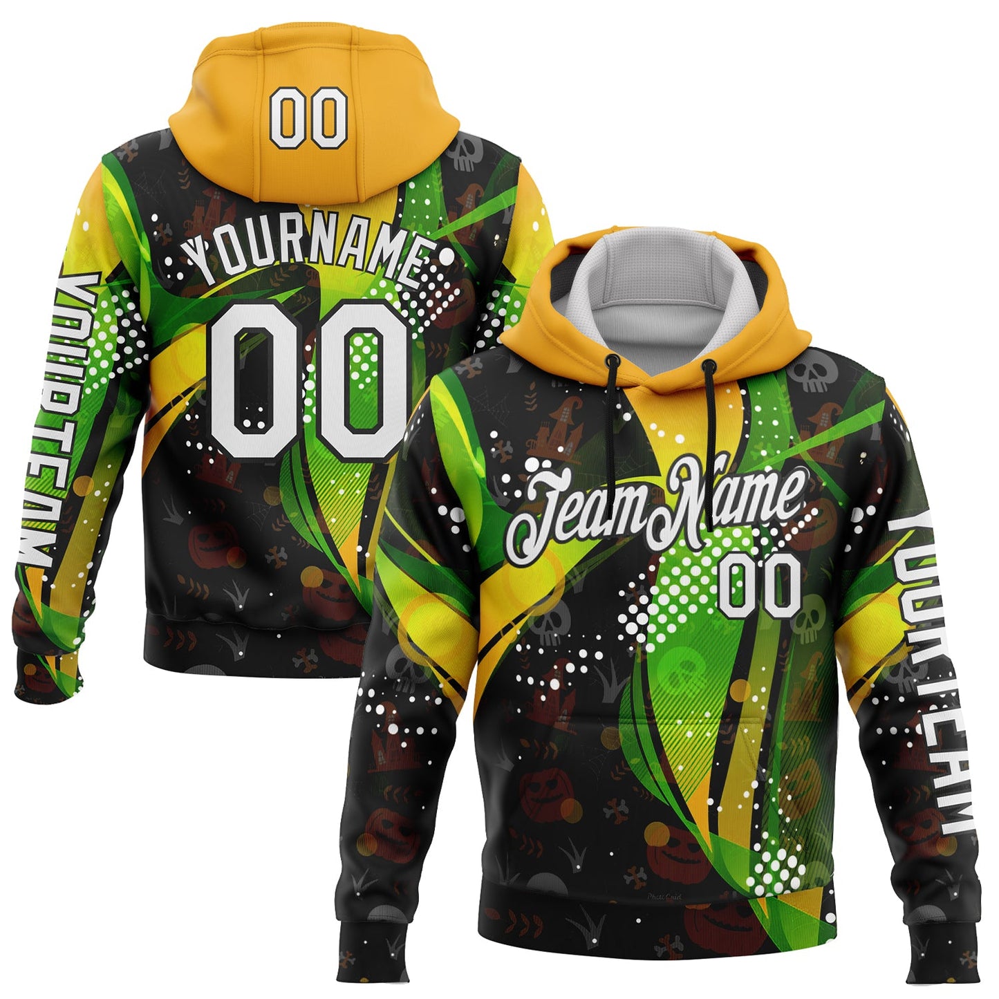 Custom Black White Green-Yellow 3D Halloween Spooky Sportswear Pullover Sweatshirt Hoodie - Main View