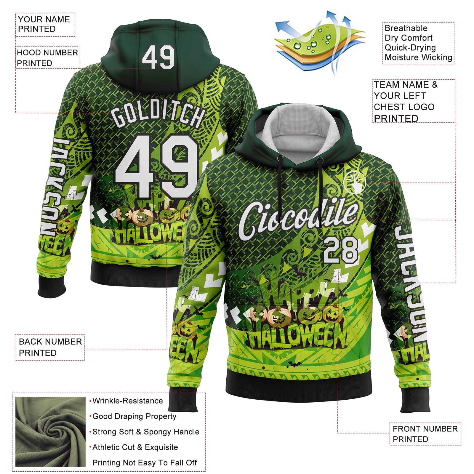Custom Green White-Black 3D Halloween Spooky Sportswear Pullover Sweatshirt Hoodie view 2