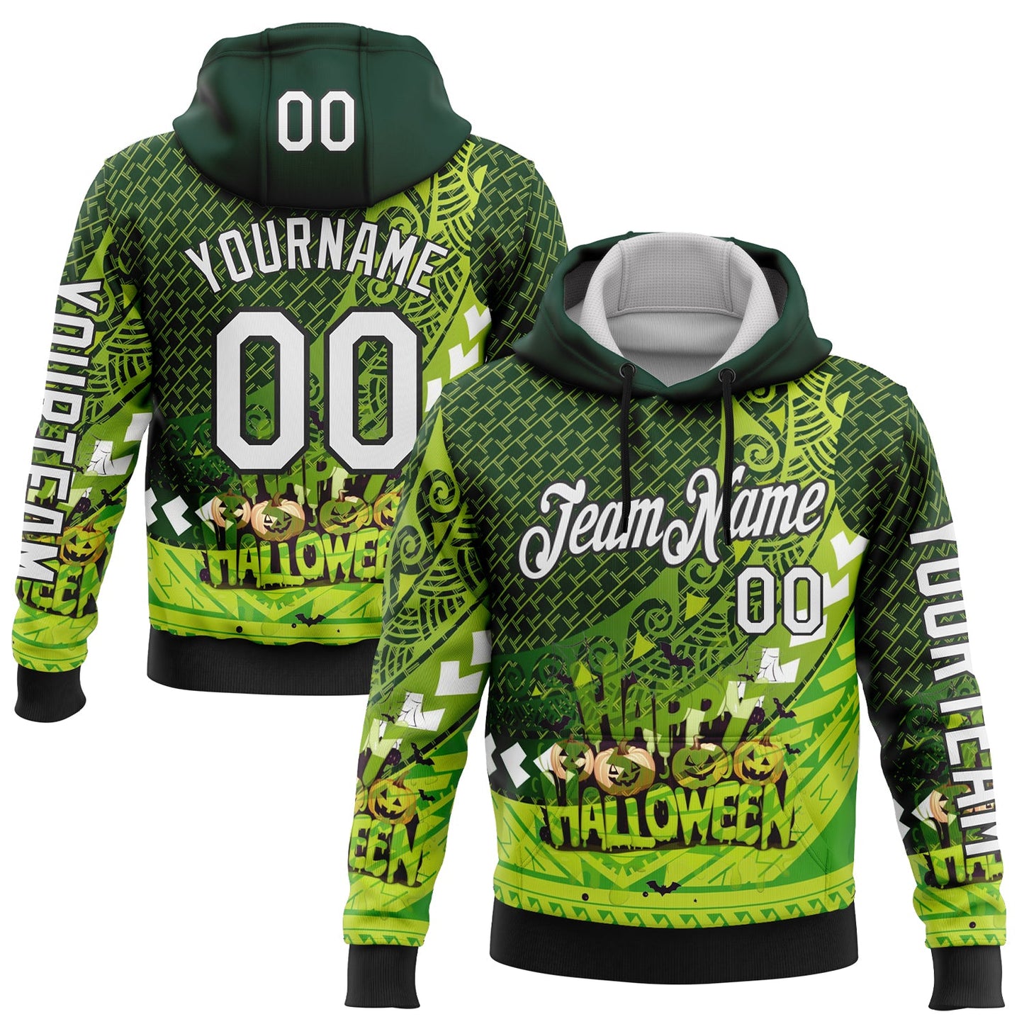 Custom Green White-Black 3D Halloween Spooky Sportswear Pullover Sweatshirt Hoodie - Main View