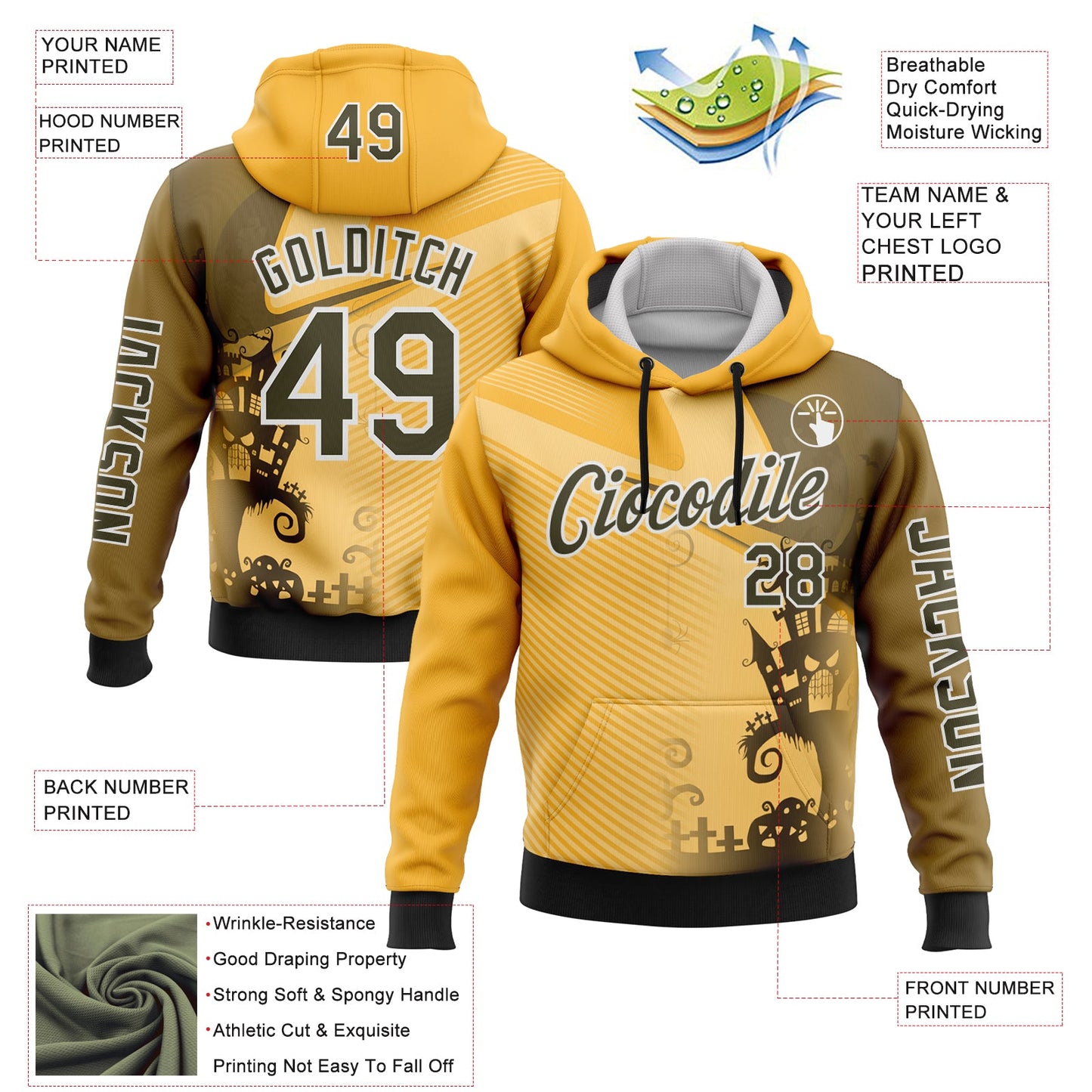 Custom Yellow Olive-White 3D Halloween Spooky Sportswear Pullover Sweatshirt Hoodie view 2