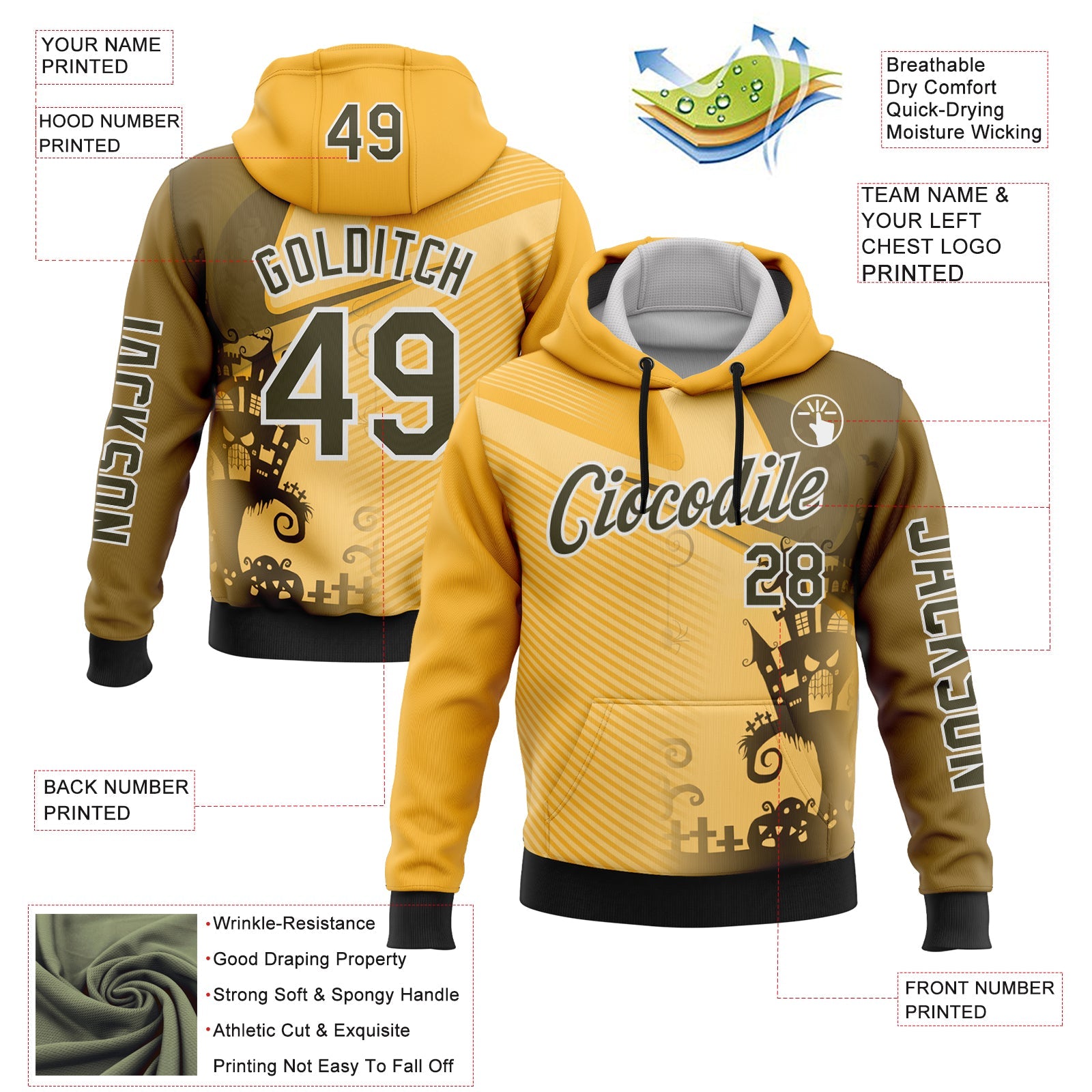 Custom Yellow Olive-White 3D Halloween Spooky Sportswear Pullover Sweatshirt Hoodie view 2