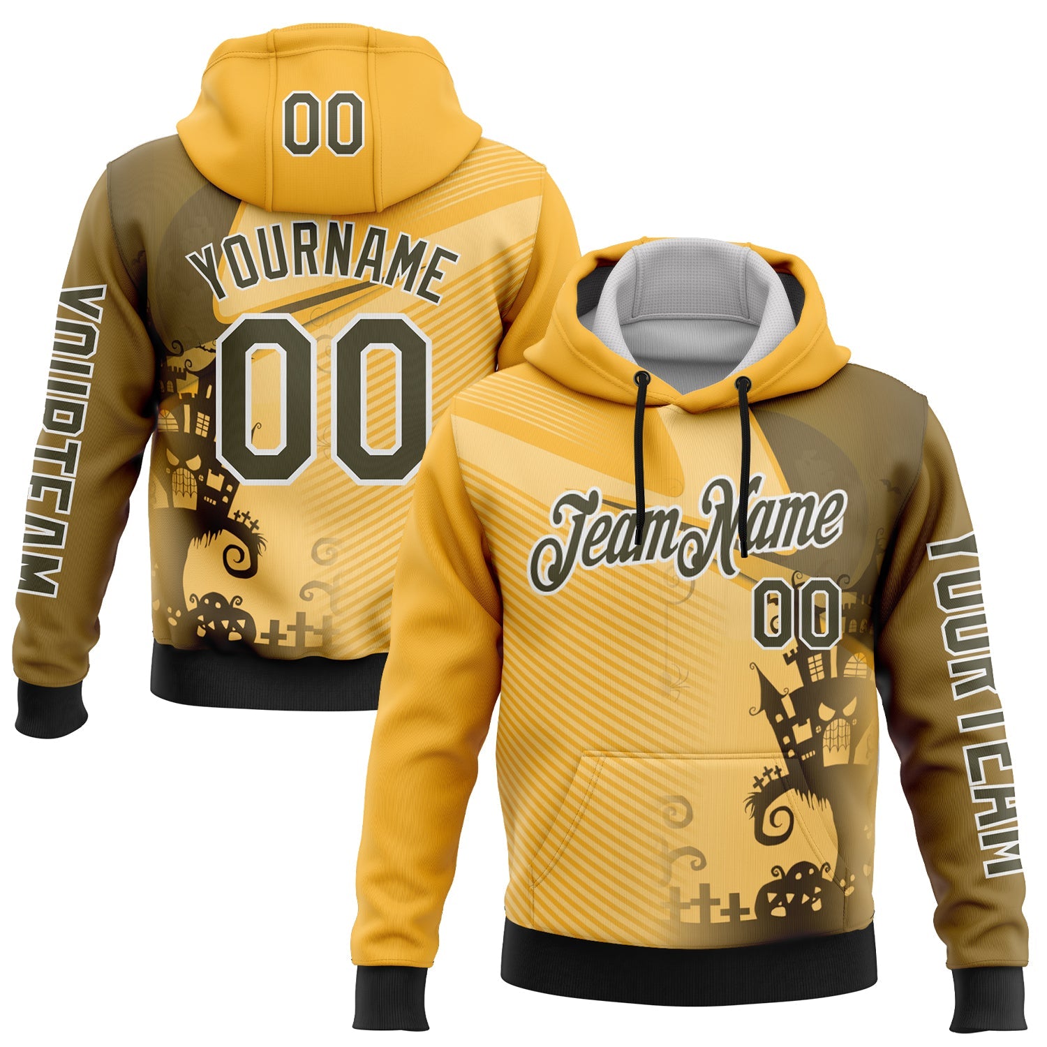 Custom Yellow Olive-White 3D Halloween Spooky Sportswear Pullover Sweatshirt Hoodie - Main View