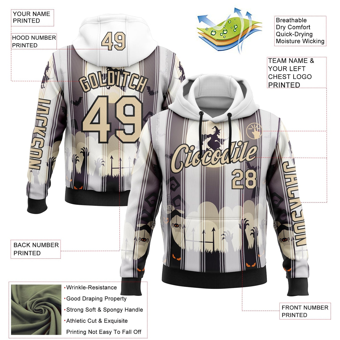 Custom White City Cream-Black 3D Halloween Spooky Sportswear Pullover Sweatshirt Hoodie view 2