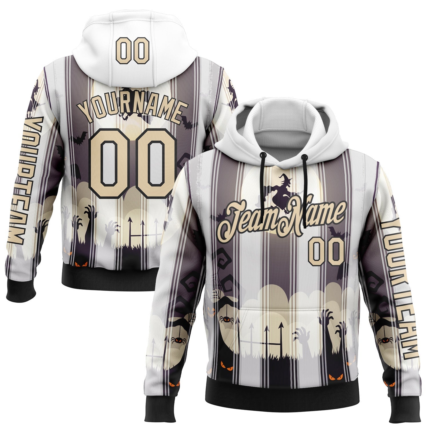 Custom White City Cream-Black 3D Halloween Spooky Sportswear Pullover Sweatshirt Hoodie - Main View