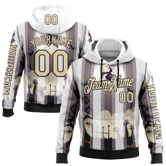 Custom White City Cream-Black 3D Halloween Spooky Sportswear Pullover Sweatshirt Hoodie - Main View