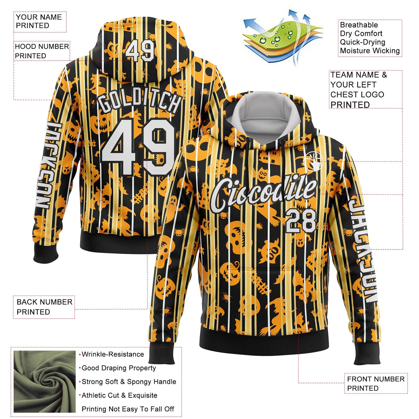 Custom Yellow White-Black 3D Halloween Pumpkin Spooky Stripe Sports Pullover Sweatshirt Hoodie view 2