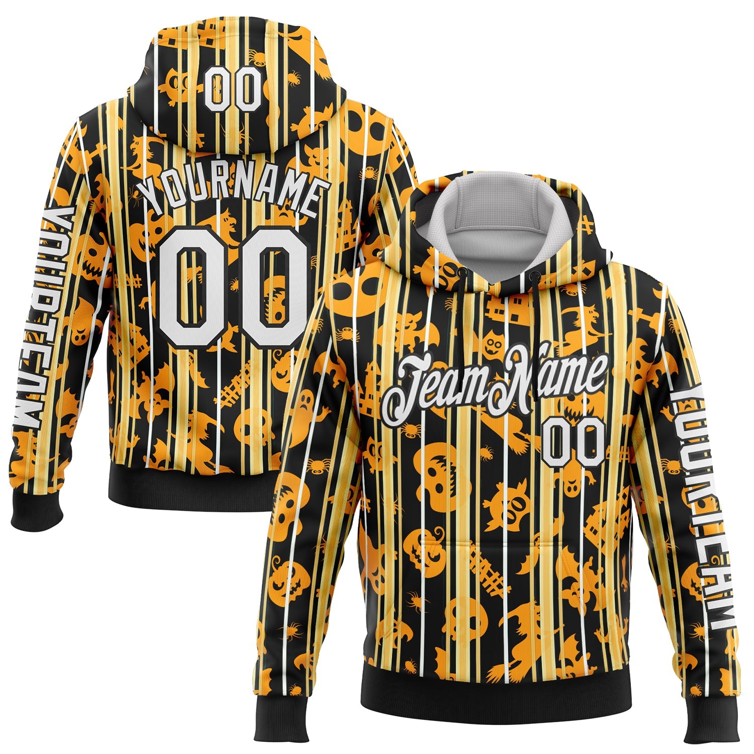 Custom Yellow White-Black 3D Halloween Pumpkin Spooky Stripe Sports Pullover Sweatshirt Hoodie - Main View