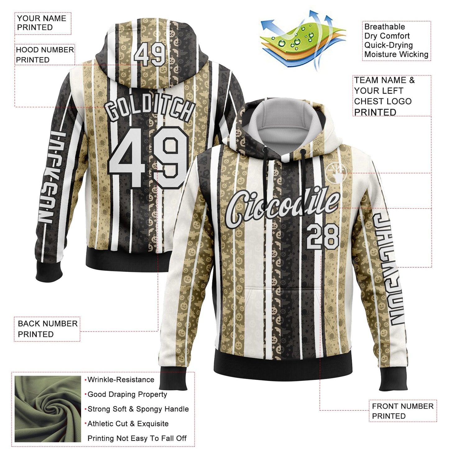 Custom White Black-Cream 3D Halloween Pumpkin Spooky Stripe Sports Pullover Sweatshirt Hoodie view 2