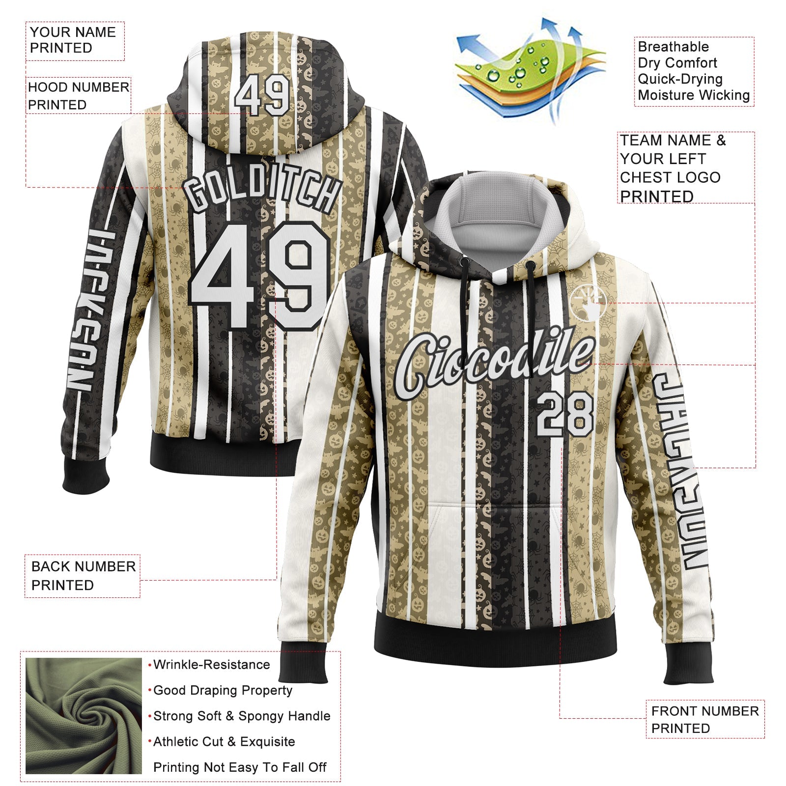 Custom White Black-Cream 3D Halloween Pumpkin Spooky Stripe Sports Pullover Sweatshirt Hoodie view 2