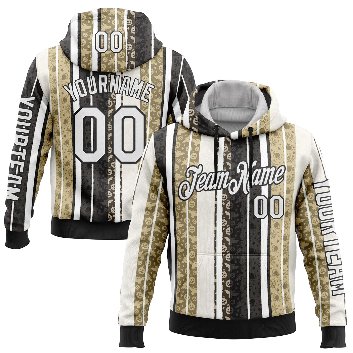 Custom White Black-Cream 3D Halloween Pumpkin Spooky Stripe Sports Pullover Sweatshirt Hoodie - Main View