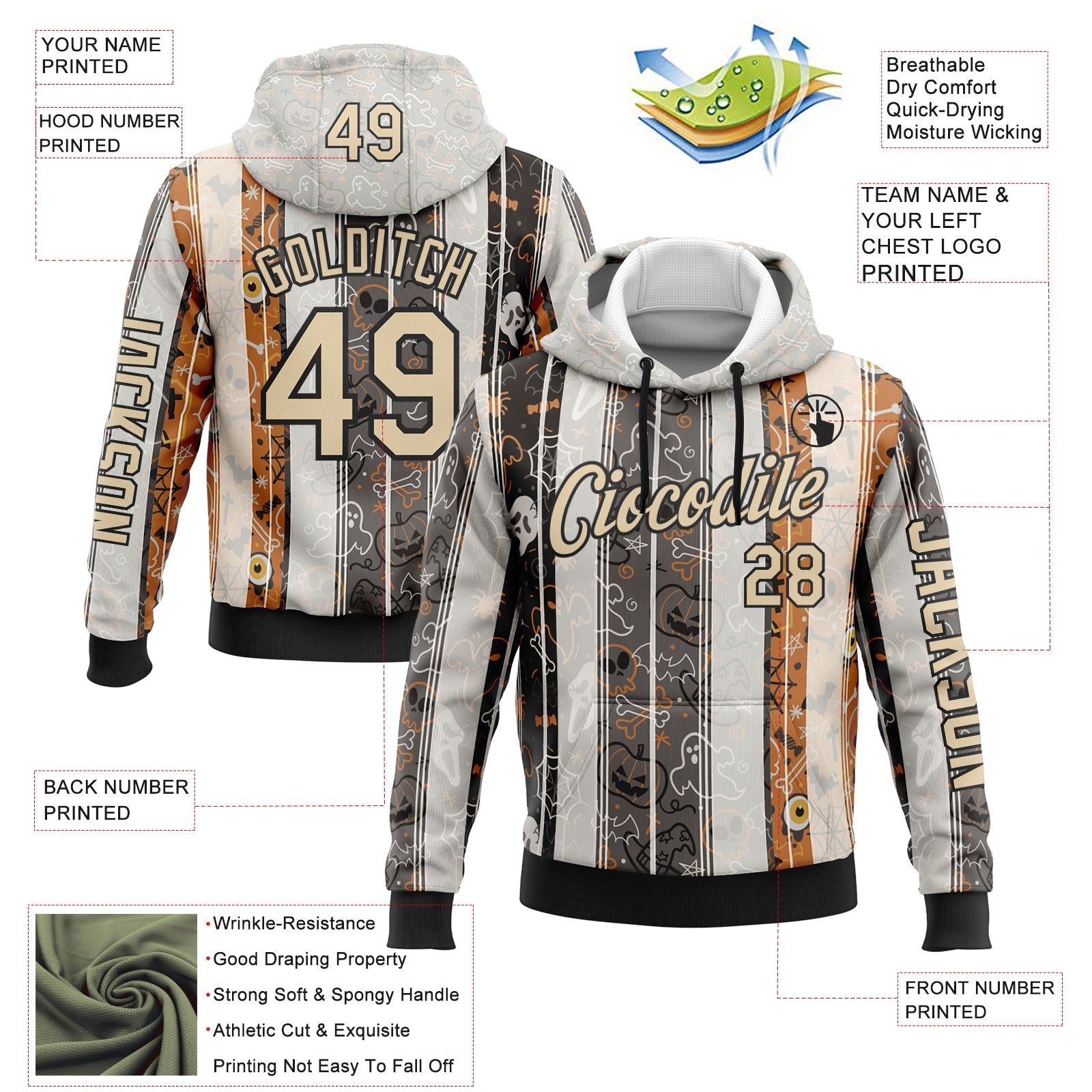 Custom White City Cream Black-Orange 3D Halloween Pumpkin Spooky Stripe Sports Pullover Sweatshirt Hoodie view 2