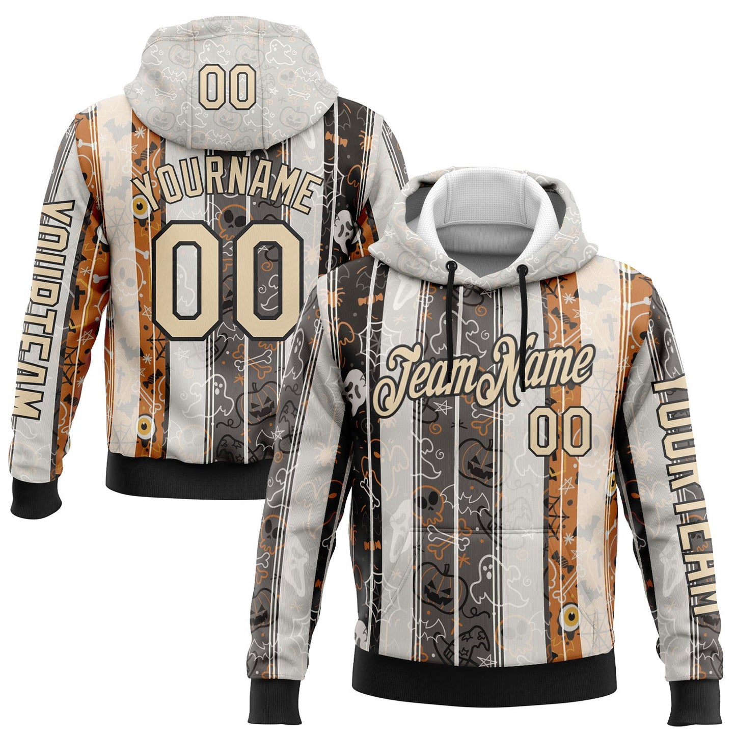 Custom White City Cream Black-Orange 3D Halloween Pumpkin Spooky Stripe Sports Pullover Sweatshirt Hoodie - Main View