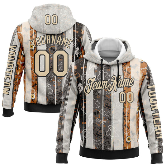 Custom White City Cream Black-Orange 3D Halloween Pumpkin Spooky Stripe Sports Pullover Sweatshirt Hoodie - Main View