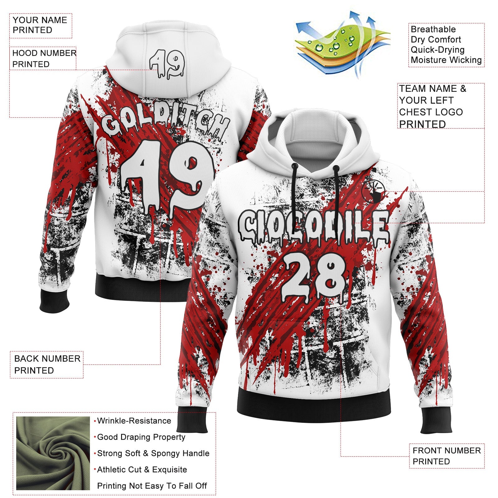 Custom White Red-Black 3D Halloween Creepy Scratch Spooky Sports Pullover Sweatshirt Hoodie view 2