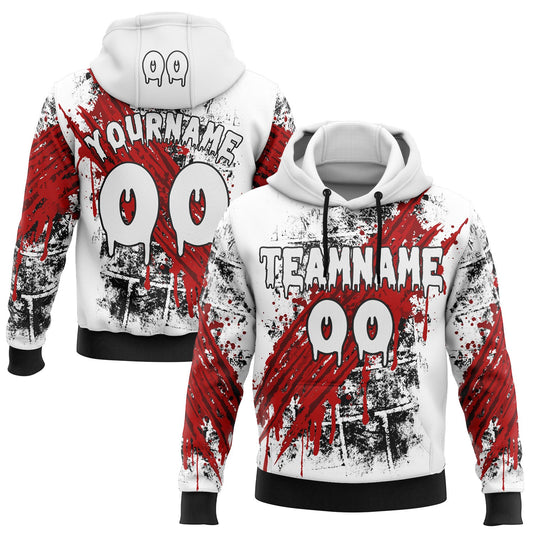 Custom White Red-Black 3D Halloween Creepy Scratch Spooky Sports Pullover Sweatshirt Hoodie - Main View