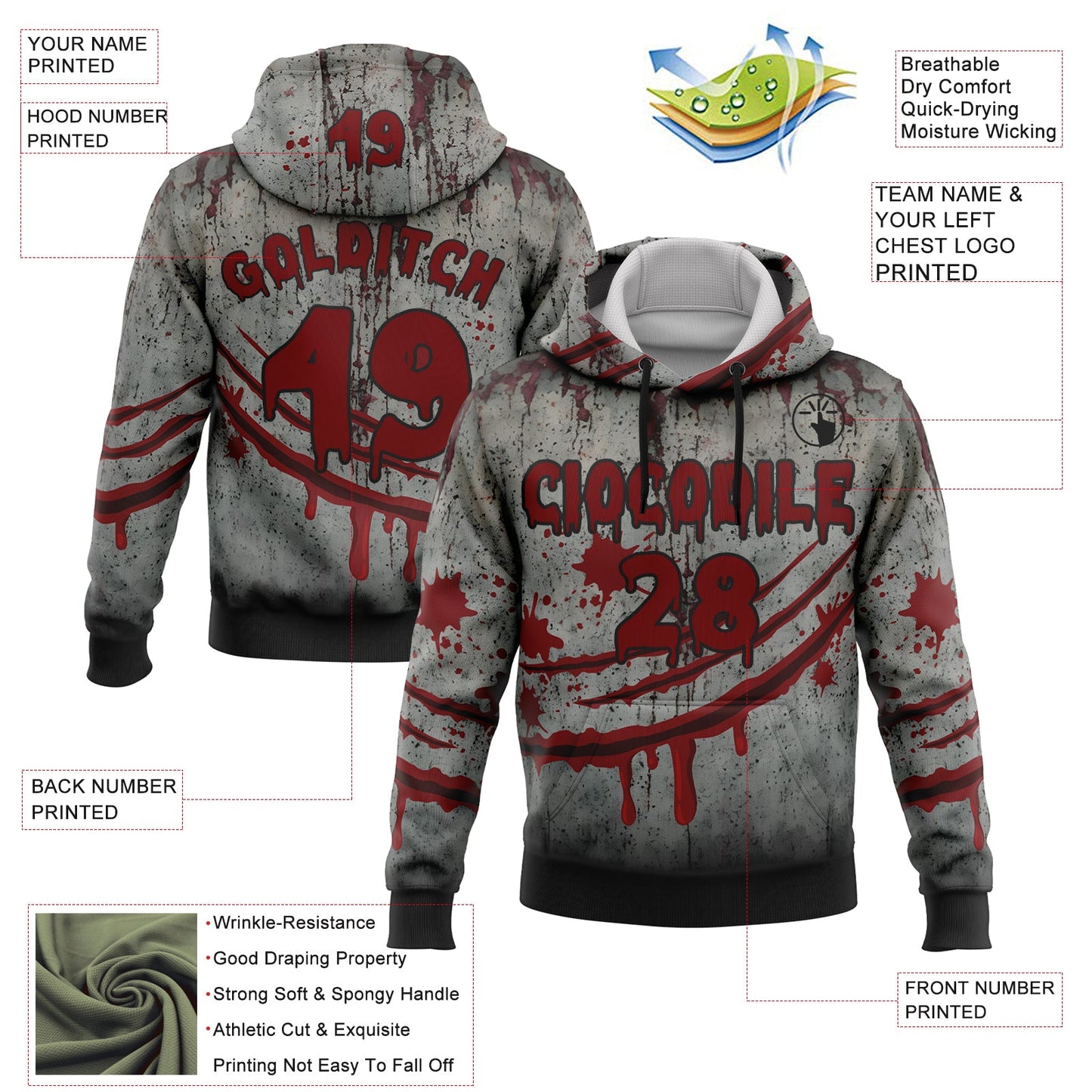 Custom Gray Red-Black 3D Halloween Creepy Spooky Horror Sports Pullover Sweatshirt Hoodie view 2