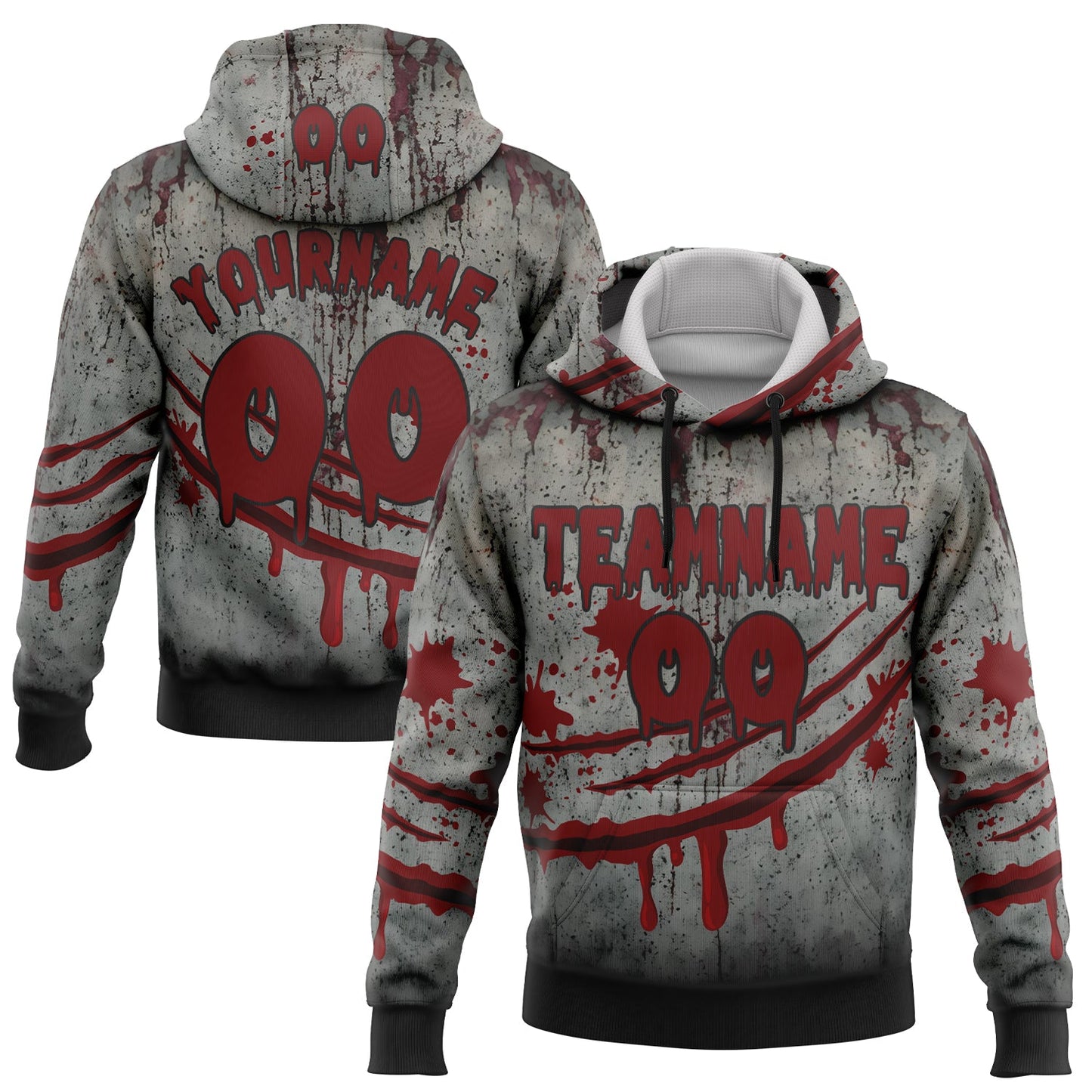 Custom Gray Red-Black 3D Halloween Creepy Spooky Horror Sports Pullover Sweatshirt Hoodie - Main View