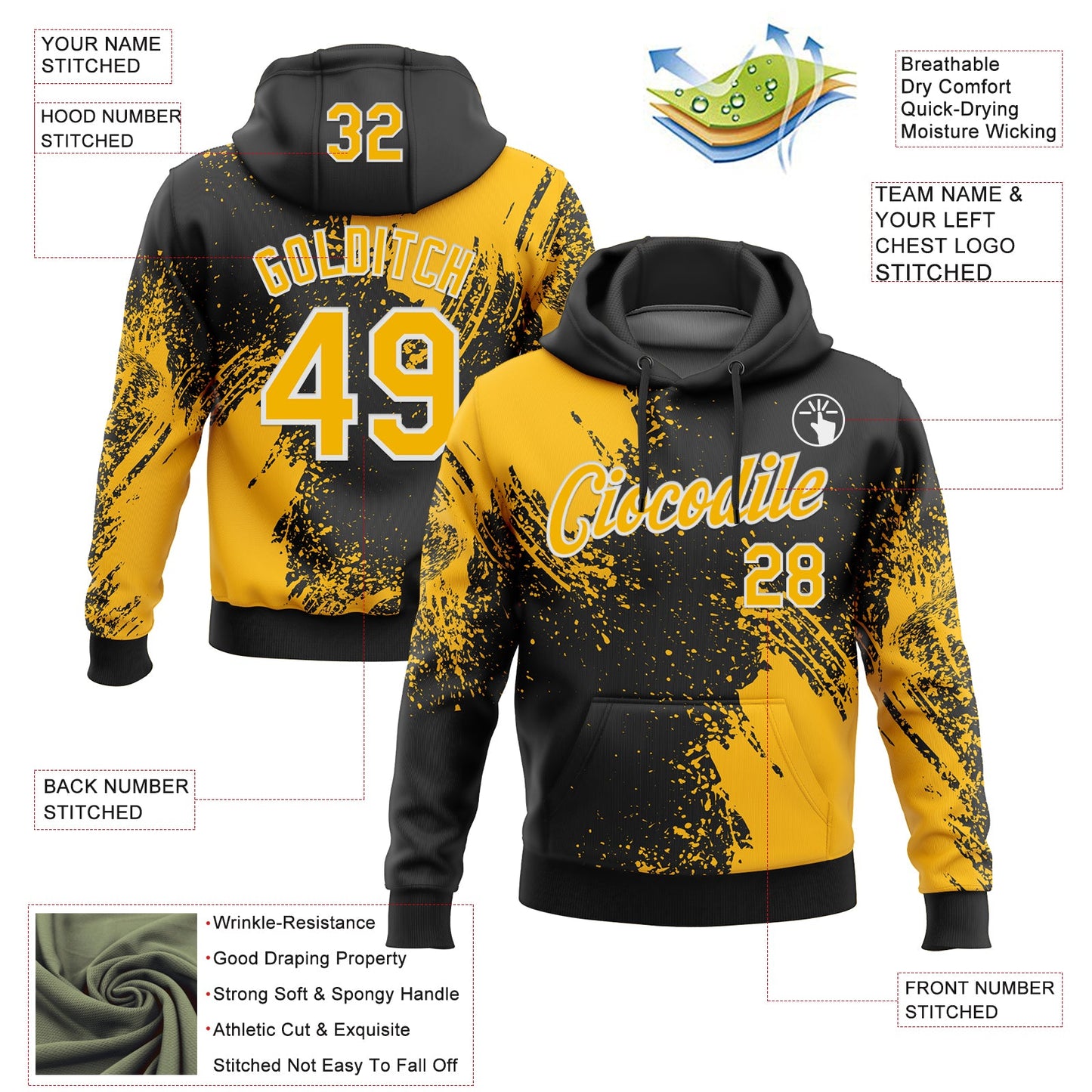 Custom Stitched Black Gold-White 3D Pattern Design Abstract Brush Stroke Sports Pullover Sweatshirt Hoodie view 2