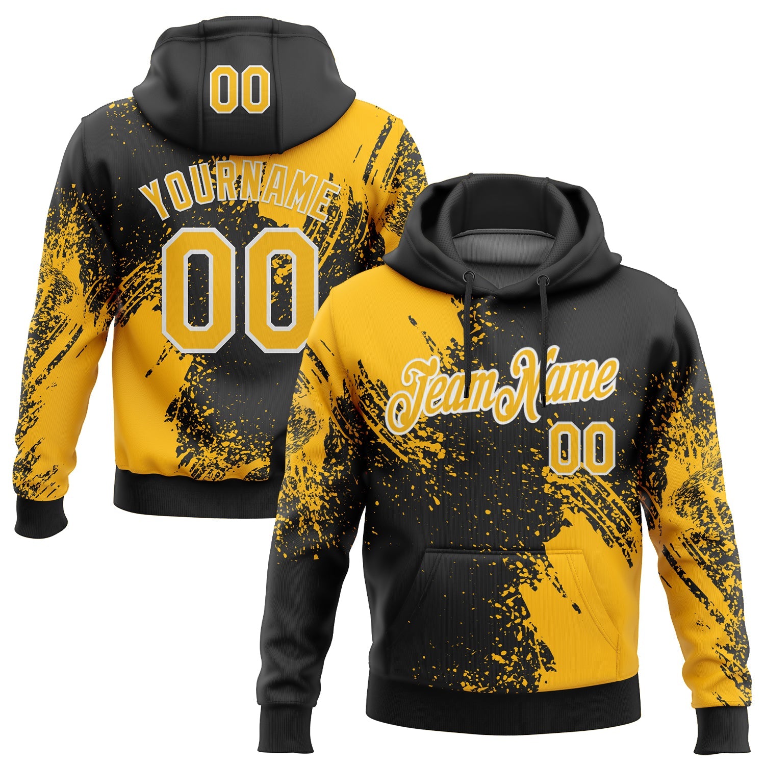 Custom Stitched Black Gold-White 3D Pattern Design Abstract Brush Stroke Sports Pullover Sweatshirt Hoodie - Main View